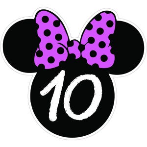 May include: A black and white graphic featuring a Minnie Mouse head shape with a purple polka dot bow. The number "10" is written in white, stylized font within the head shape. The design has a white border.