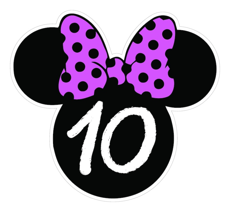 May include: A black and white graphic featuring a Minnie Mouse head shape with a purple polka dot bow. The number "10" is written in white, stylized font within the head shape. The design has a white border.