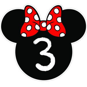 May include: A black Mickey Mouse head shape with a red bow featuring white polka dots. The number 3 is in white, centered on the head. The design is outlined in white, creating a sticker or graphic.