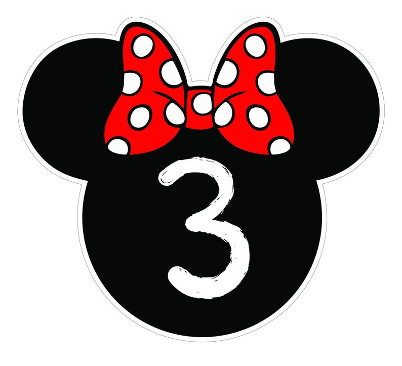 May include: A black Mickey Mouse head shape with a red bow featuring white polka dots. The number 3 is in white, centered on the head. The design is outlined in white, creating a sticker or graphic.