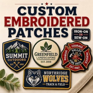 May include: A collection of custom embroidered patches featuring various designs including a mountain landscape for Summit Outdoors, a leaf logo for Greenfield Landscaping, a fire department emblem, and a Northridge Wolves track and field patch.