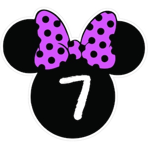 May include: A black and white graphic featuring a Minnie Mouse-inspired design. The design includes a black mouse head shape with a white number 7 in the center. A purple bow with black polka dots sits atop the head.