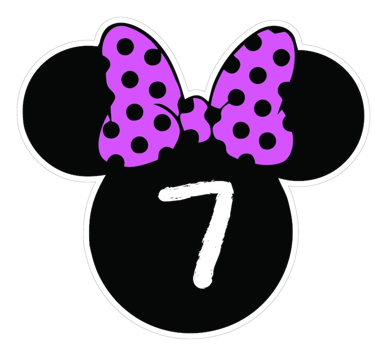 May include: A black and white graphic featuring a Minnie Mouse-inspired design. The design includes a black mouse head shape with a white number 7 in the center. A purple bow with black polka dots sits atop the head.