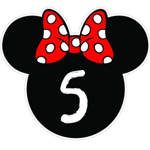 May include: A black mouse head shape with a red bow featuring white polka dots. The number 5 is in white, centered on the black head shape. The design has a white border.