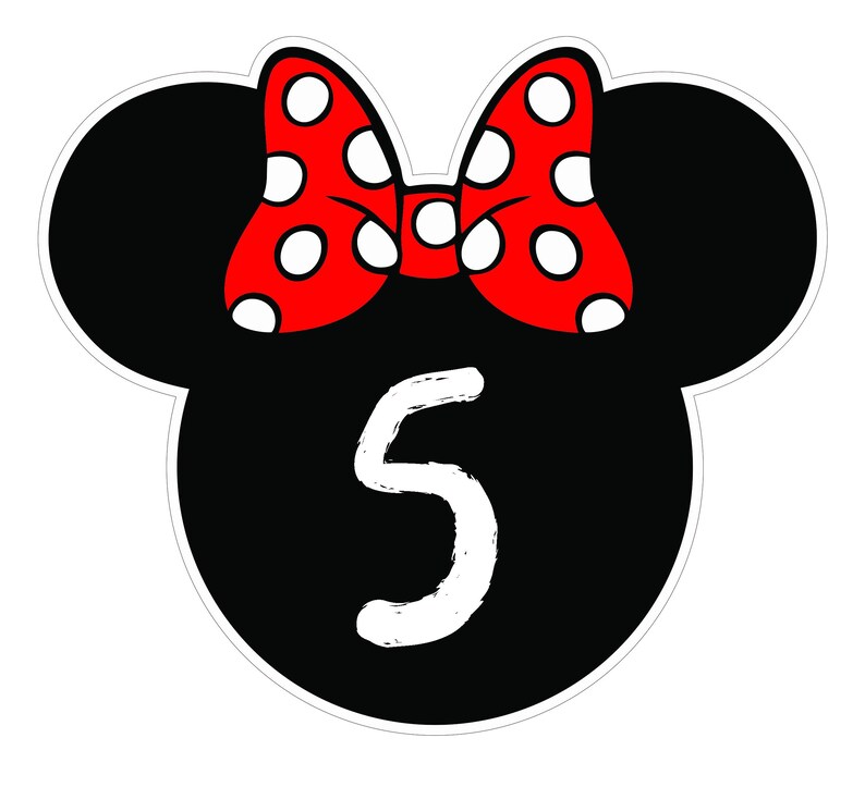 May include: A black mouse head shape with a red bow featuring white polka dots. The number 5 is in white, centered on the black head shape. The design has a white border.
