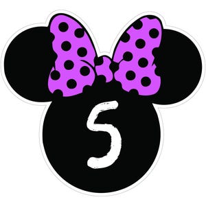 May include: A black Mickey Mouse head shape with a white outline. The head has two black ears, a black circle with the number 5 in white, and a purple bow with black polka dots. The design is on a white background.