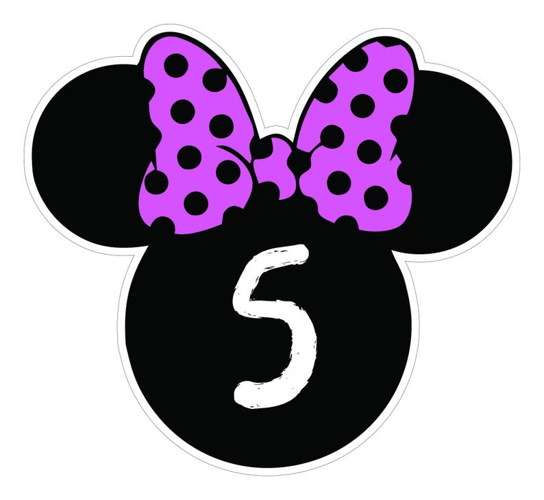 May include: A black Mickey Mouse head shape with a white outline. The head has two black ears, a black circle with the number 5 in white, and a purple bow with black polka dots. The design is on a white background.
