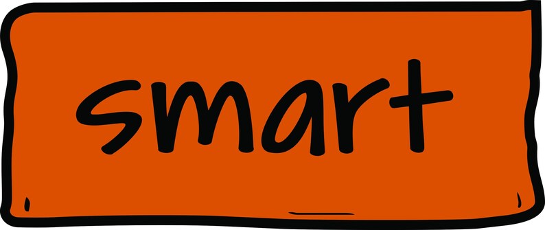 May include: An orange rectangle with a black border and the word "smart" written in black, bold, handwritten-style letters. The word is centered within the rectangle.