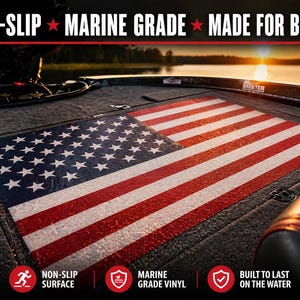 May include: A boat deck mat featuring the American flag design. The mat has red and white stripes with a blue field of white stars. The mat is labeled as non-slip, marine grade vinyl, and made for boats.