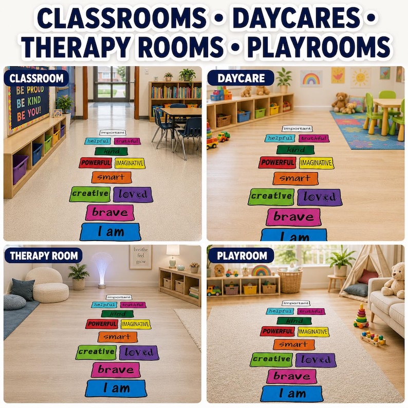 May include: Image of four different room settings: classroom, daycare, therapy room, and playroom. Each room has a path of colorful rectangular signs with positive words like "brave" and "creative". The top of the image has the words "Classrooms, Daycares, Therapy Rooms, Playrooms".