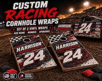 Custom Racing Cornhole Board Wraps Personalized Race Car Vinyl Decals Set of 2 Dirt Track Number Sponsor Design nascar