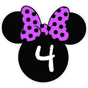 May include: A black and white graphic featuring a Minnie Mouse-inspired design. The design includes a black head shape with two round ears, a purple bow with black polka dots, and the number 4 in white.