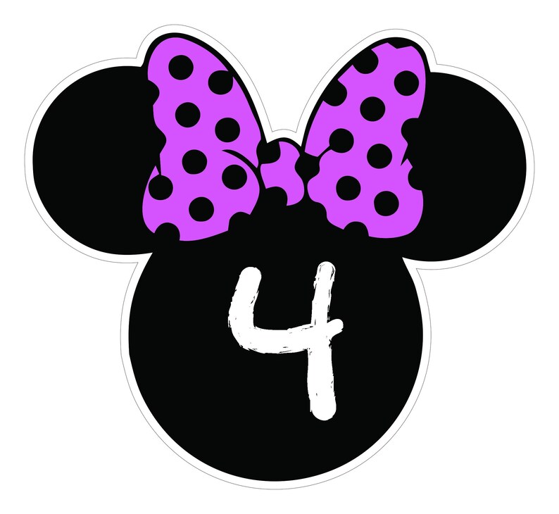 May include: A black and white graphic featuring a Minnie Mouse-inspired design. The design includes a black head shape with two round ears, a purple bow with black polka dots, and the number 4 in white.