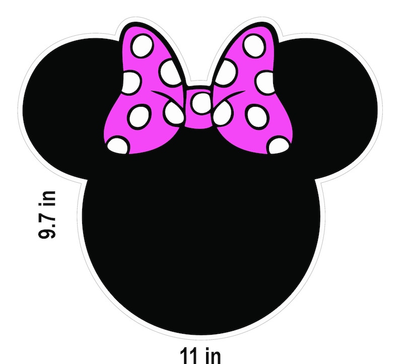 Puede incluir: Un dise&ntilde;o negro con forma de cabeza de Minnie Mouse con un lazo rosa con lunares blancos. El dise&ntilde;o mide 27,9 cm de ancho y 24,6 cm de alto. El dise&ntilde;o est&aacute; sobre un fondo blanco.