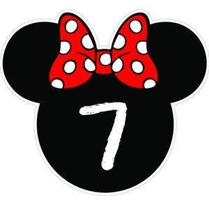 May include: A black Mickey Mouse head shape with a white outline, featuring a red bow with white polka dots at the top. The number 7 is in white, centered on the black head shape. This design is suitable for birthday party decorations.