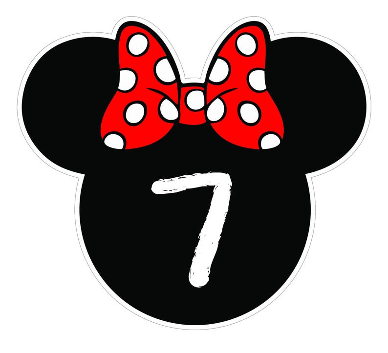May include: A black Mickey Mouse head shape with a white outline, featuring a red bow with white polka dots at the top. The number 7 is in white, centered on the black head shape. This design is suitable for birthday party decorations.