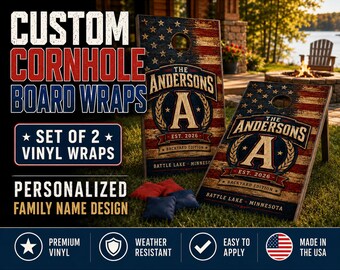 Custom Cornhole Board Wraps Personalized Family Name Patriotic American Flag Cornhole Decals Backyard Game Vinyl Wrap Set