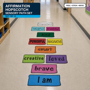 May include: Affirmation hopscotch sensory path set with colorful rectangular shapes. Each shape has a positive word like "brave" or "kind". The set includes 11 pieces and is designed to peel, stick, and move.