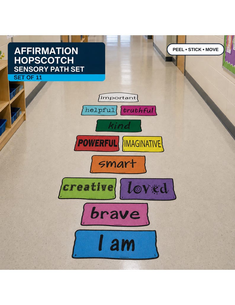 May include: Affirmation hopscotch sensory path set with colorful rectangular shapes. Each shape has a positive word like "brave" or "kind". The set includes 11 pieces and is designed to peel, stick, and move.