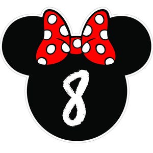 May include: A black Minnie Mouse head shape with a red bow featuring white polka dots. The number 8 is in white, centered on the black head shape. The design has a white border.