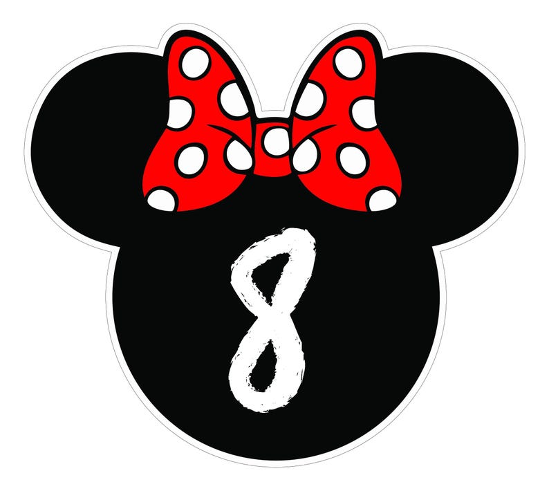 May include: A black Minnie Mouse head shape with a red bow featuring white polka dots. The number 8 is in white, centered on the black head shape. The design has a white border.