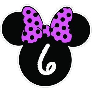 May include: A black and white graphic featuring a mouse head shape with a purple polka dot bow. The number "6" is written in white script inside the head shape. The design has a white border.