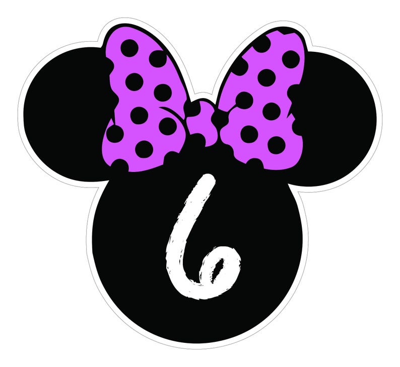 May include: A black and white graphic featuring a mouse head shape with a purple polka dot bow. The number "6" is written in white script inside the head shape. The design has a white border.