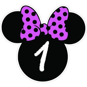 May include: A black and white graphic featuring a Minnie Mouse-inspired design. The design includes black mouse ears, a purple polka-dot bow, and the number "1" in white. The overall shape is a rounded silhouette.