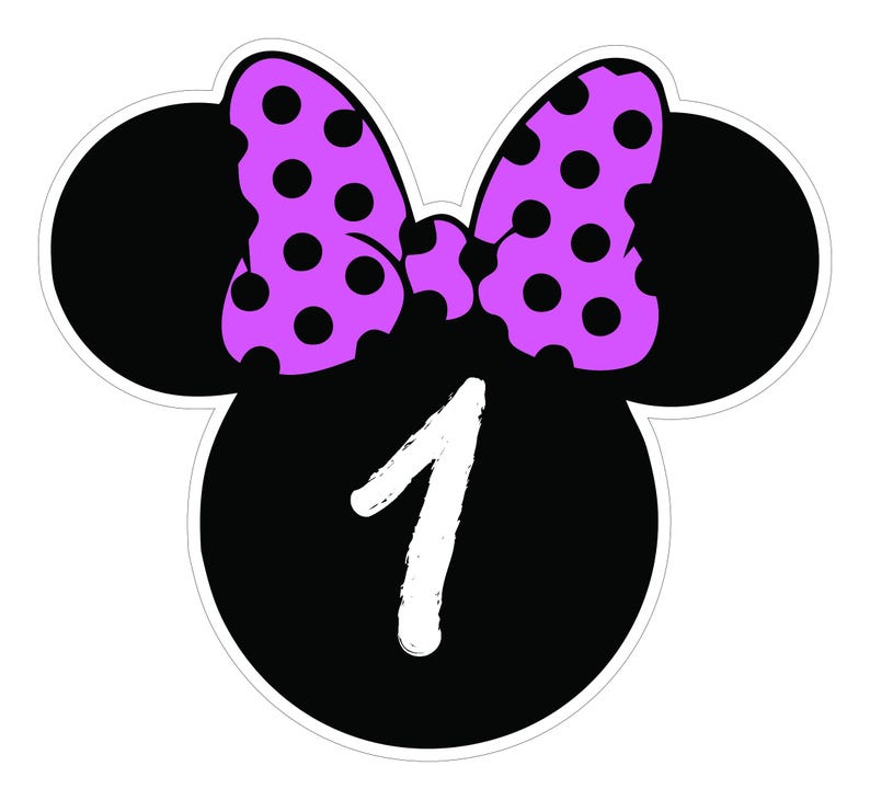 May include: A black and white graphic featuring a Minnie Mouse-inspired design. The design includes black mouse ears, a purple polka-dot bow, and the number "1" in white. The overall shape is a rounded silhouette.