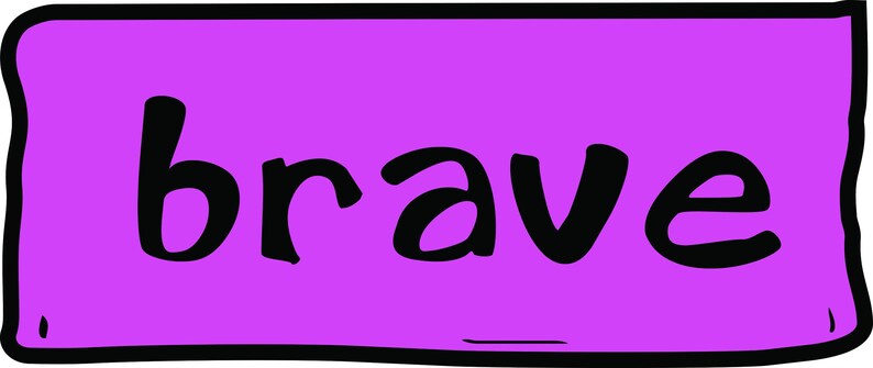 May include: A purple rectangle with a black border and the word "brave" in black, handwritten-style font. The background is a solid, bright purple.