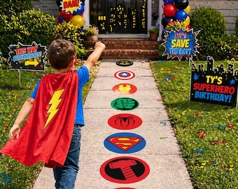 Superhero Floor Decals – Removable Walkway Stickers for Kids Birthday Party, Outdoor Sidewalk Vinyl, Non-Slip Party Path Decor, Set of 8