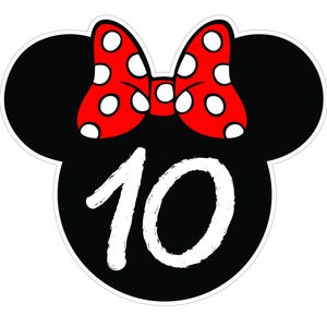 May include: A black and white graphic featuring a Minnie Mouse head shape with a red bow with white polka dots. The number "10" is in white, stylized brushstrokes, centered on the black head shape.