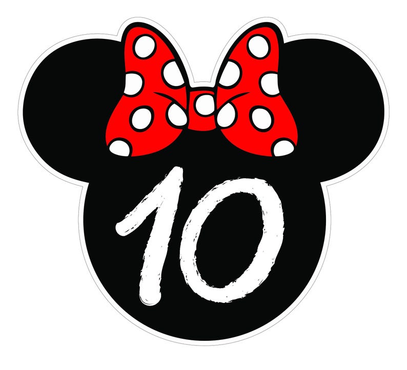 May include: A black and white graphic featuring a Minnie Mouse head shape with a red bow with white polka dots. The number "10" is in white, stylized brushstrokes, centered on the black head shape.