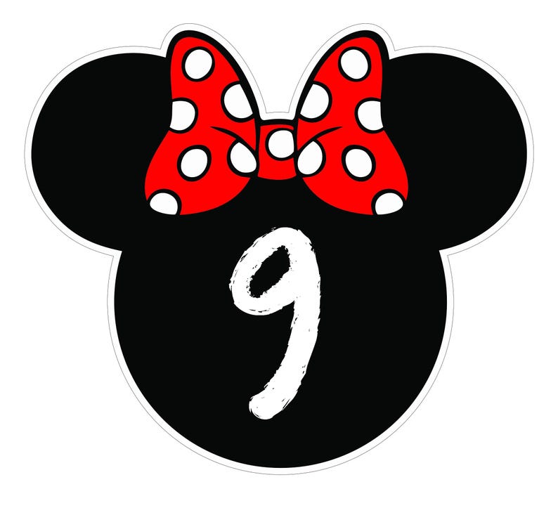 May include: A black Mickey Mouse head shape with a red bow featuring white polka dots. The number 9 is written in white script inside the head shape. The design is outlined in white.