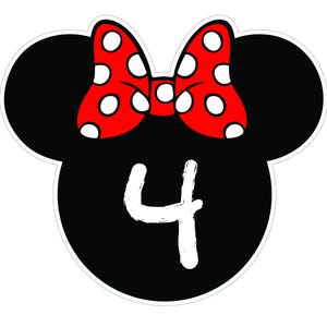 May include: A black and white graphic featuring a Minnie Mouse head shape with a red bow with white polka dots. The number "4" is in white, centered on the black head shape. The design is outlined in white.