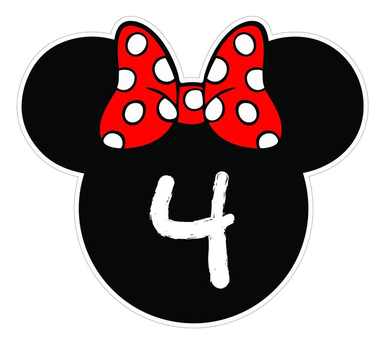May include: A black and white graphic featuring a Minnie Mouse head shape with a red bow with white polka dots. The number "4" is in white, centered on the black head shape. The design is outlined in white.