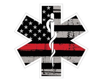Star of Life Thin Red Line Distressed Vinyl Decal (Choose Size)