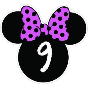 May include: A black and white graphic featuring a Minnie Mouse-inspired design. The design includes a black head shape with two round ears, a purple bow with black polka dots, and the number 9 in white.