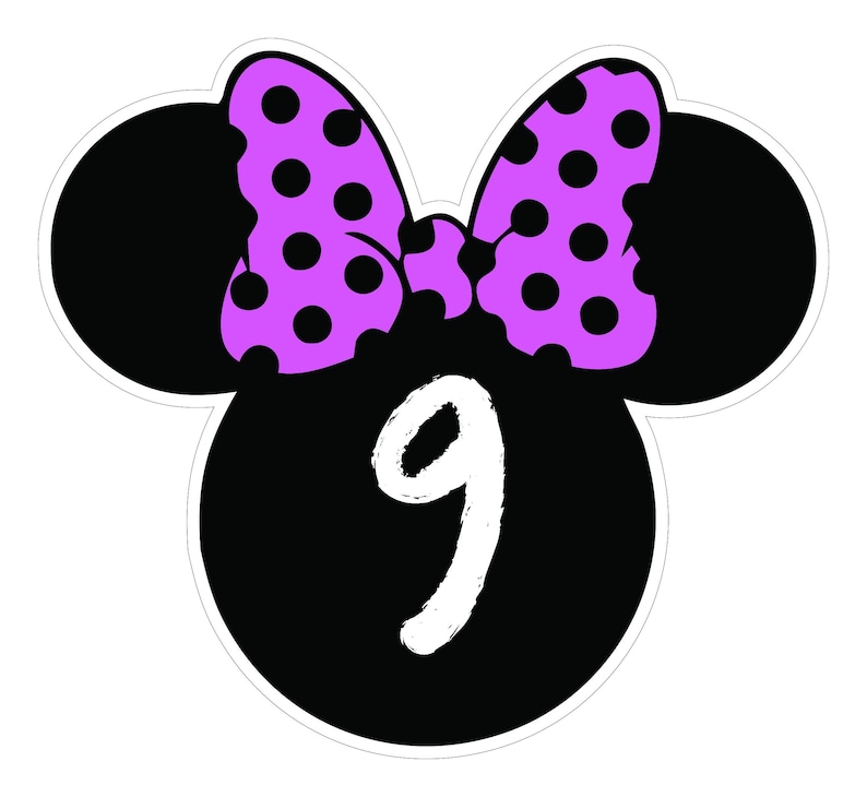 May include: A black and white graphic featuring a Minnie Mouse-inspired design. The design includes a black head shape with two round ears, a purple bow with black polka dots, and the number 9 in white.