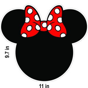 May include: A black Minnie Mouse head-shaped design with a red bow featuring white polka dots. The design measures 11 inches wide and 9.7 inches high. The design is on a white background.