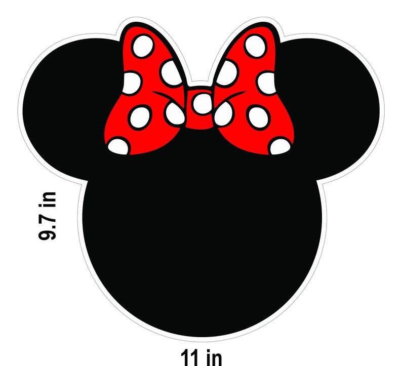 May include: A black Minnie Mouse head-shaped design with a red bow featuring white polka dots. The design measures 11 inches wide and 9.7 inches high. The design is on a white background.