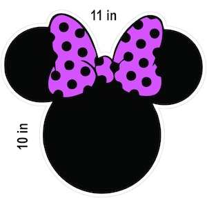 May include: A black Minnie Mouse head silhouette with a white outline. The bow is lavender with black polka dots. The design is approximately 11 inches wide and 10 inches tall.