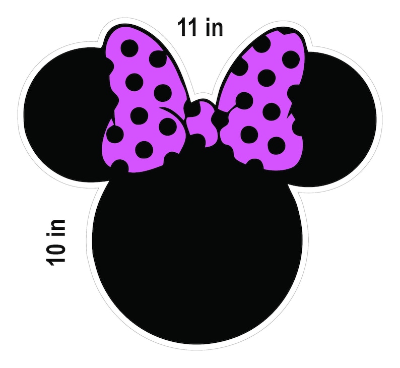 May include: A black Minnie Mouse head silhouette with a white outline. The bow is lavender with black polka dots. The design is approximately 11 inches wide and 10 inches tall.