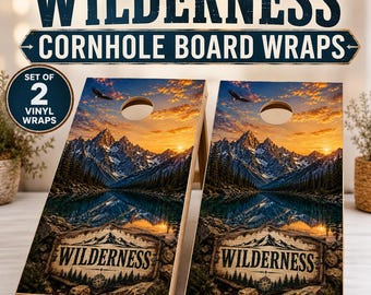 Wilderness Cornhole Board Wrap Set, Mountain Lake Cornhole Wraps, Rustic Cabin Outdoor Game Decals, Alpine Lake Cornhole Vinyl Wraps