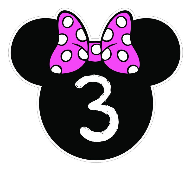 Puede incluir: Una forma de cabeza de rat&oacute;n negra con un contorno blanco, con un lazo rosa con lunares blancos en la parte superior. El n&uacute;mero "3" es blanco, centrado debajo del lazo. Adecuado para decoraciones de fiesta de cumplea&ntilde;os.