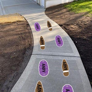 May include: A concrete walkway with alternating purple and brown footprint decals. Each decal has the name "ANDY" printed on it in black. The walkway leads towards a garage door and a grassy area.