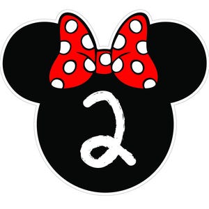 May include: A black Minnie Mouse head shape with a red bow featuring white polka dots. The number 2 is written in white script below the bow. The design has a white border.