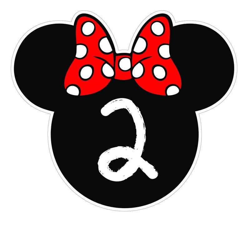 May include: A black Minnie Mouse head shape with a red bow featuring white polka dots. The number 2 is written in white script below the bow. The design has a white border.