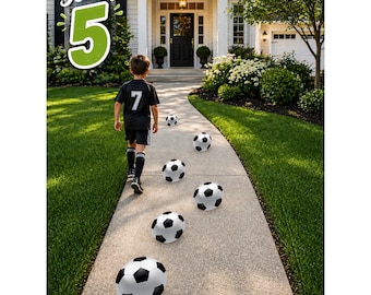 Soccer Ball Floor Decals – Set of 5 Removable Vinyl Party Pathway Stickers, Kids Birthday Decorations, Indoor Outdoor Sidewalk Decor