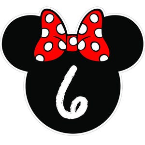 May include: A black Minnie Mouse head shape with a red bow featuring white polka dots. The number "6" is written in white script below the bow. The design has a white border.